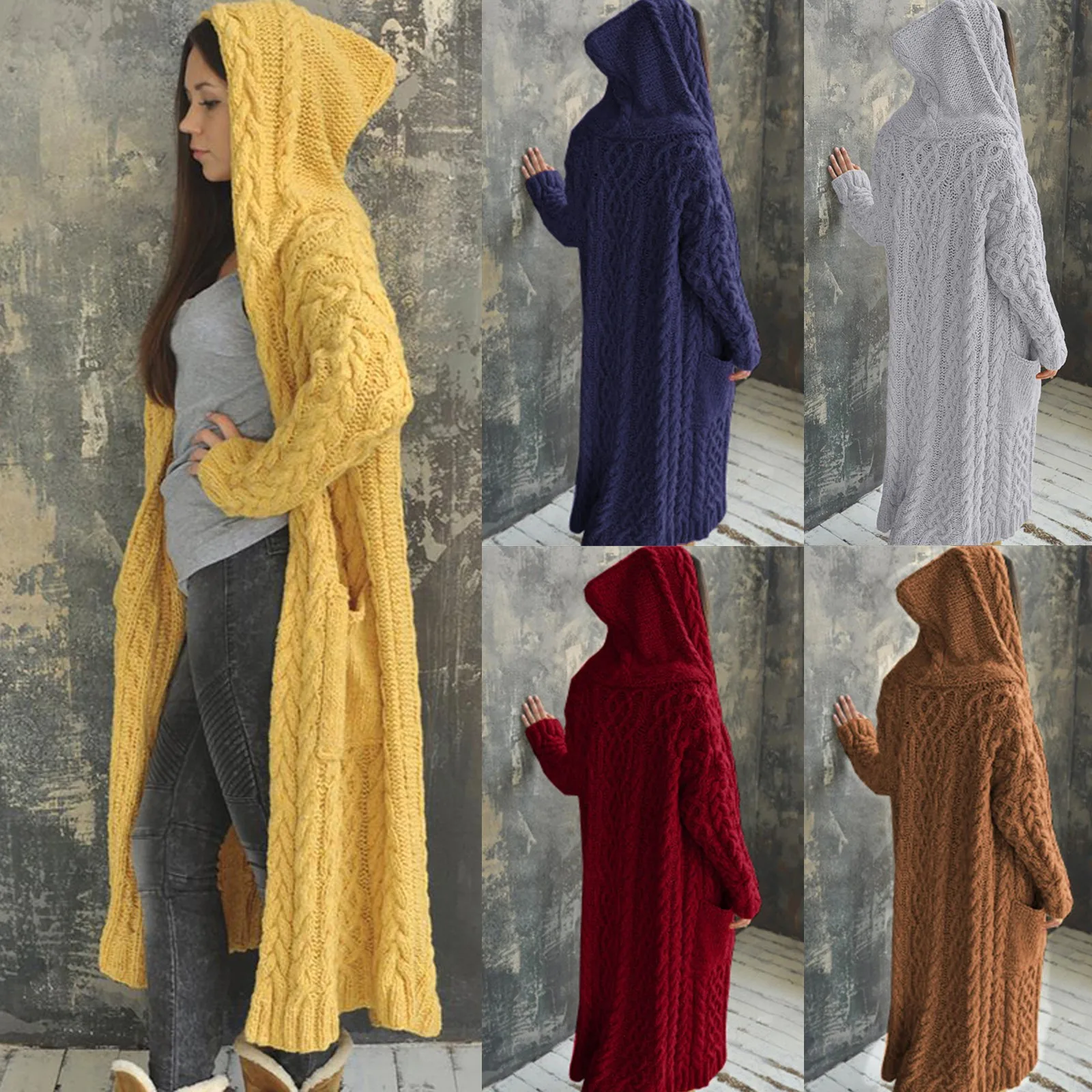 

Cardigan Women Solid Color Long Sleeve Braid Knit Cardigan Hooded Sweater Coat Overcoat Loose Ladies Sweaters Coat Oversized