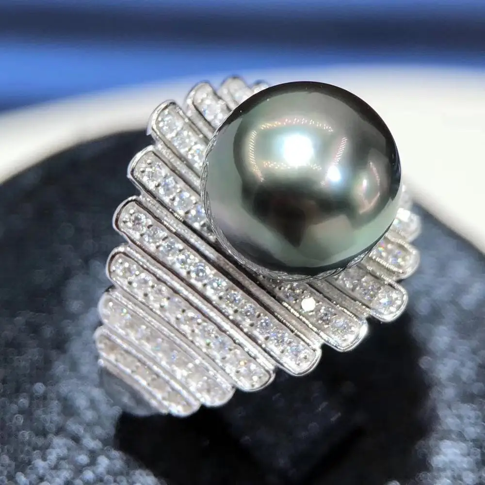 D726 Pearl Ring Fine Jewelry S925 Sterling Silver 10-11mm Nature Sea Water Black Tahiti Pearls Rings for Women Presents