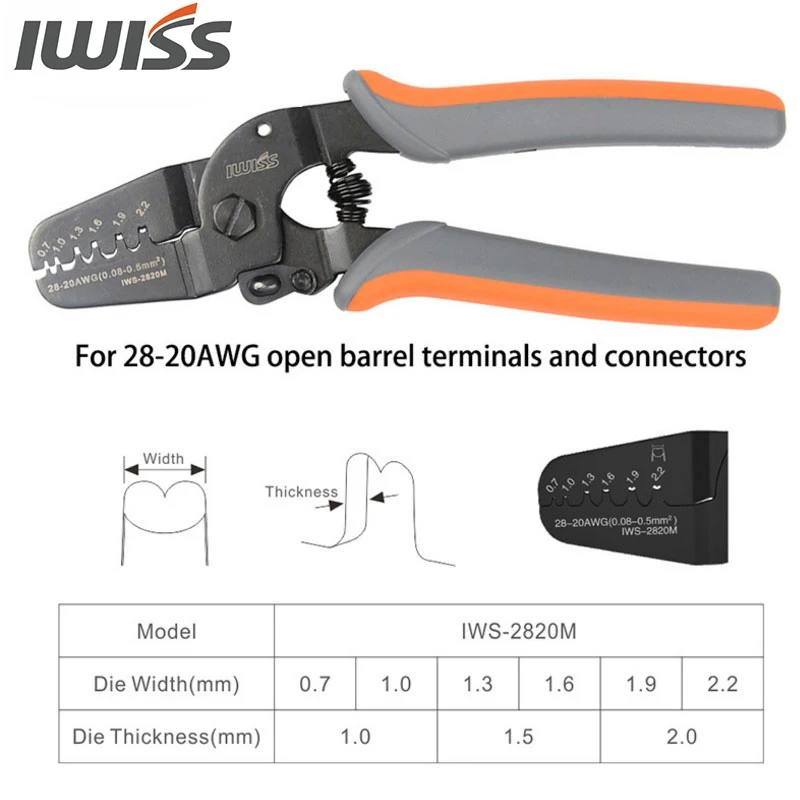 IWS-2820 Crimper Plier IWISS Mini Micro Open Barrel Crimping Tools for AWG28-20 JAM Molex Tyco JST2.54 Terminals and Connectors