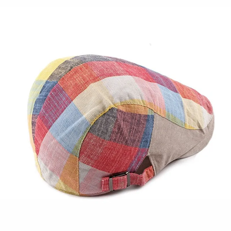 Spring Summer Color Plaid Newsboy Caps Men Cotton Flat Peaked Cap Women Painter Beret Hats 05