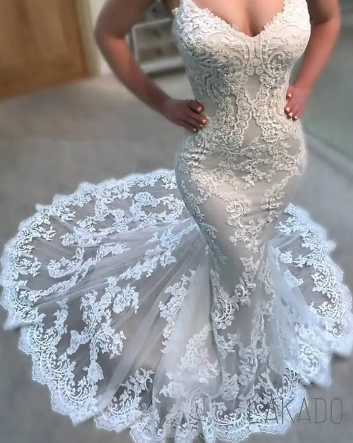 Vestidos de novia de encaje con tirantes finos a medida, vestido de sirena en línea