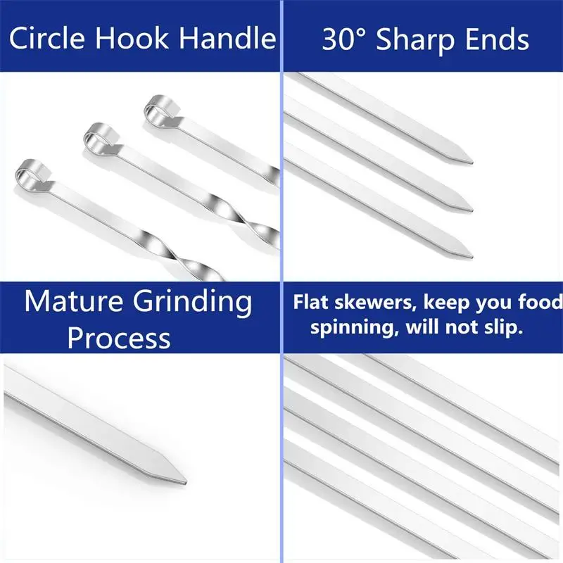 6/10/12pcs Stainless Steel Barbecue Skewers Portable BBQ Grill Needle Long Handle Flat BBQ Skewers Metal Kebob Fork Stick 45cm