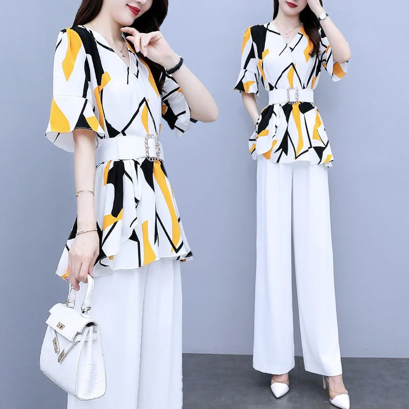 Women\'s Suit 2022 Summer New Elegant Short Sleeve Fashion Loose Crop Top High Waist Wide Leg Pants 2 Piece Set Plus Size Clothes