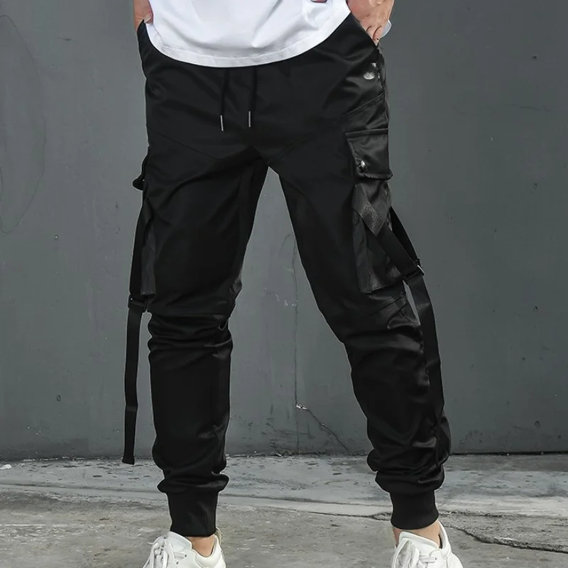 Multi-Pockets Gothic Cargo Pants Men Fashion Drawstring Hip Hop Casual Trousers Solid Color Streetwear Mens Harajuku Sweatpants