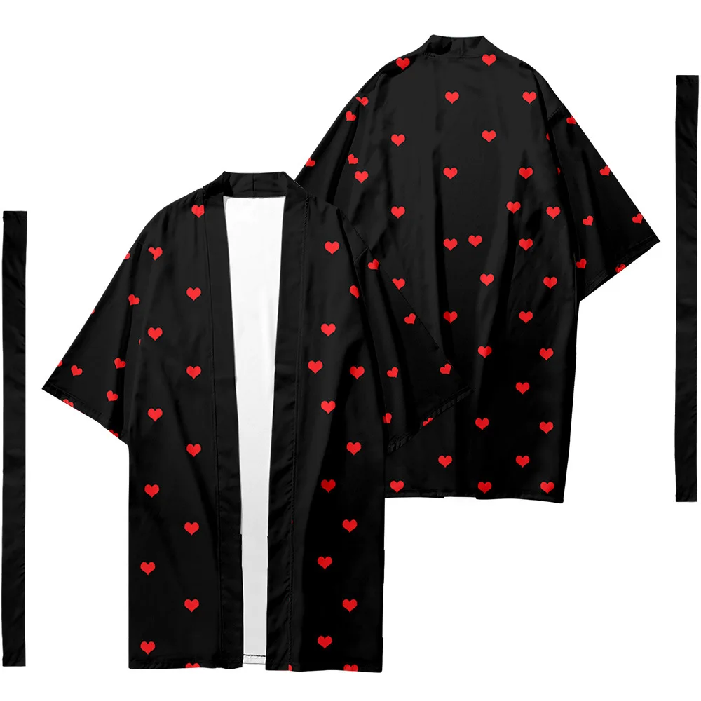 

Oversize 6XL Love Heart Printed Long Style Japanese Kimono Cardigan With Belt Couple Women Men Casual Asian Clothes Harajuku