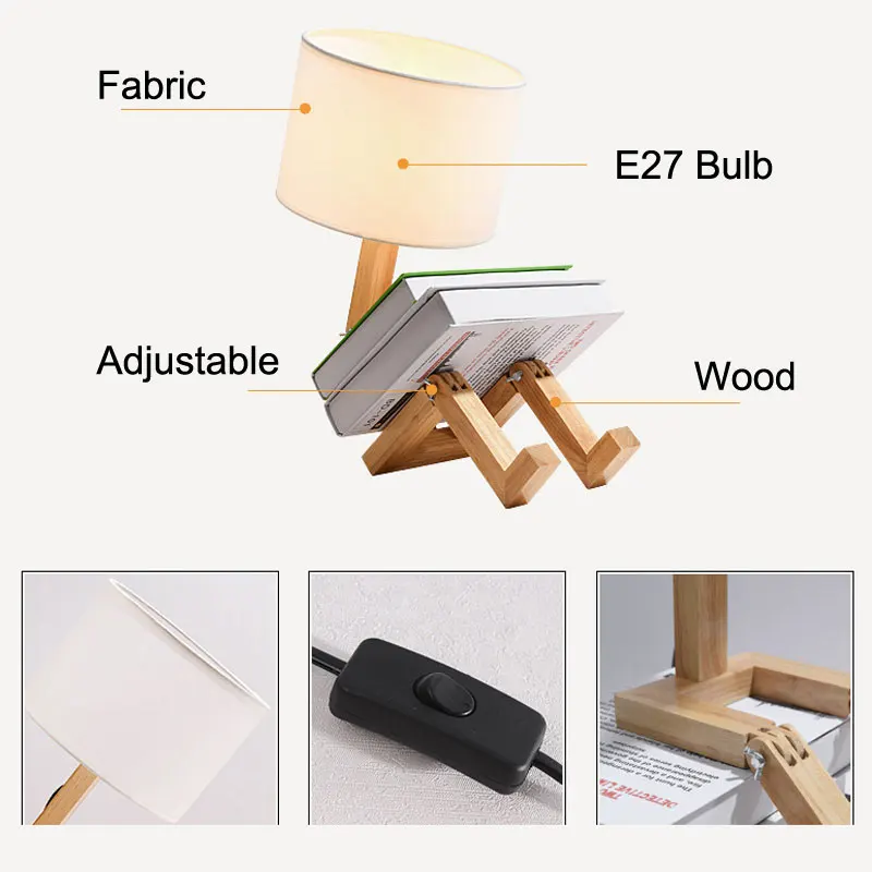 Nordic Robot Wood Table Lamps for Living Room Solid Wooden Fabric Lampshade Desk Lamp Bedroom Bedside Nightstand Light Fixtures