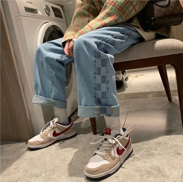 2021 spring new plaid jeans menmen's loose straight men's check trend mid Waist Wide Leg Capris jeans men