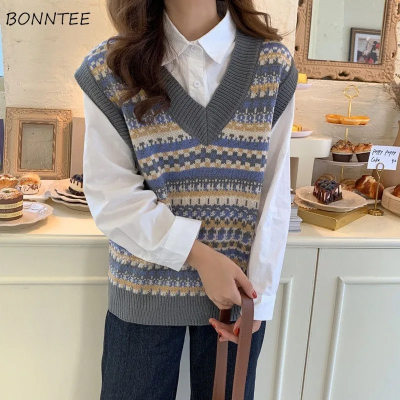 Striped Sweater Vest Women Panelled Japanese Style Knitwear Vintage Students All-match Trendy Popular Leisure Preppy Spring Ins