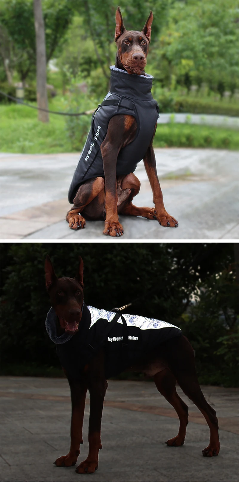 Winter wasserdichter Hundemantel, warme Haustier-Pelzkragenjacke mit abnehmbarem Geschirr, große Hundekleidung, Bulldoggen-Outfit, Labrador-Kostüme – Detail 12