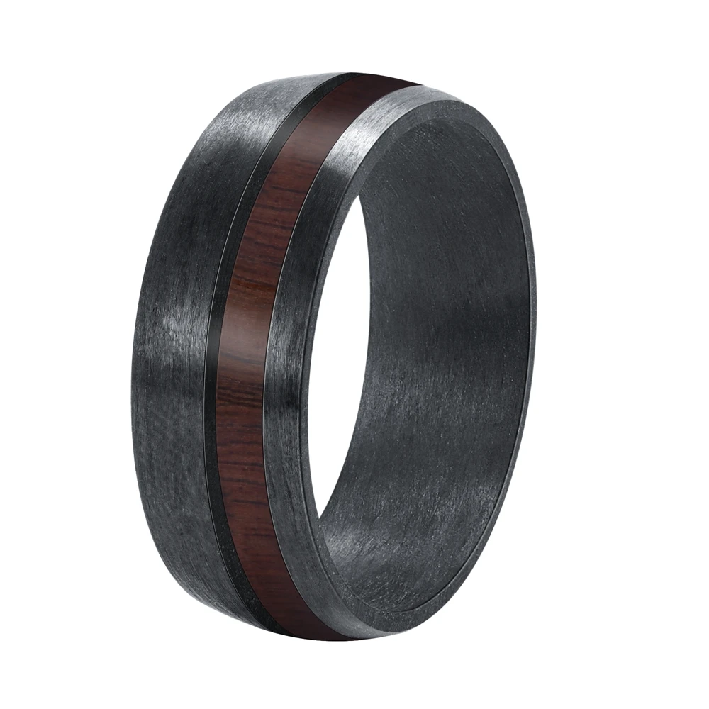 POYA 8 mm Black Carbon Fiber Ring for Men Matte Finish Wood Inlay Wedding Band Comfort Fit