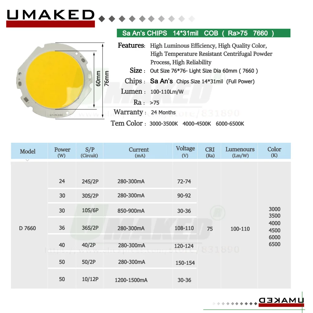 10pc LED COB 10 15 20 24 30 40 50W 4032 6042 7660 Size Ra75 110lm/w Current 300mA 3000-4000-6000K San An Chip Light Bead Source