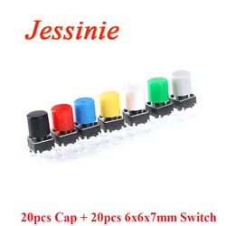 20 Pairs 40pcs 6x6x7mm Micro Tactile Tact Push Button Switch 4Pin DIP 6*6*7mm A56 Plastic Switches Hat For TV/Toys/Home Button