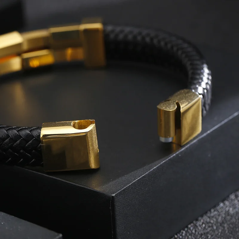 KALEN Double Layer Stainless Steel Bangles Men Hiphop/Rock Cowhide Leather Bracelets For Men Jewelry