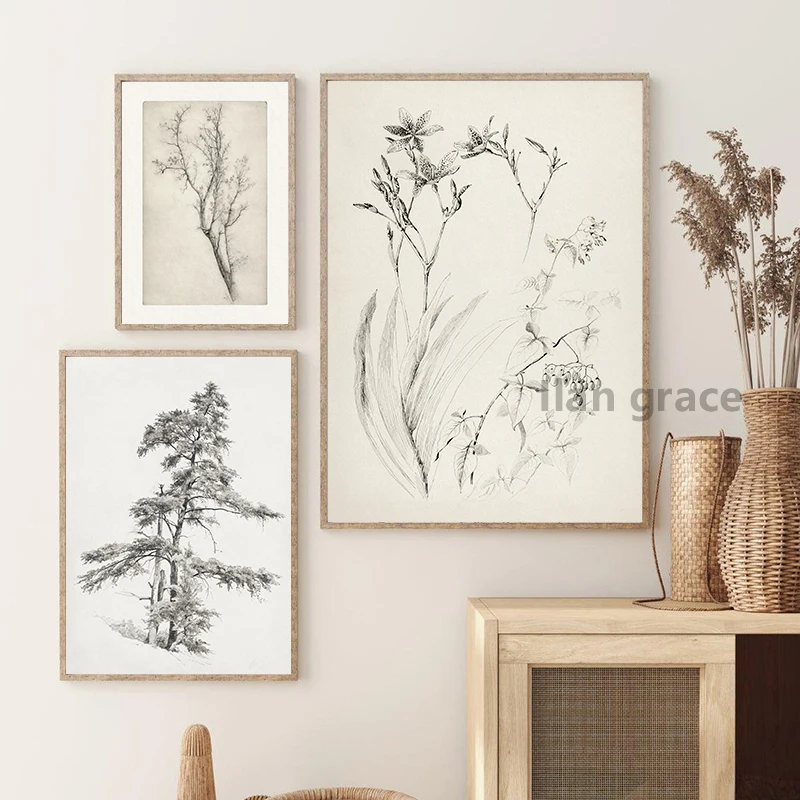 Vintage Flower Plants Sketch Art Prints Neutral Gallery Wall Art Pictures Canvas Painting Farmhouse Country Decoration Posters