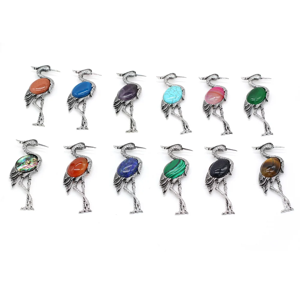 Natural Stone Brooches Lapis Lazuli Crane  Pin Pendants for Women Weddings Banquet Party Brooches Pins Gifts Size 30x80mm