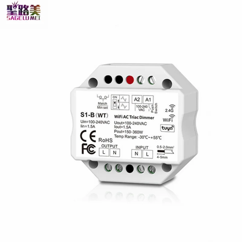 

S1-B(WT) 1CH wifi & RF AC Triac Dimmer AC100-240V MAX 1.5A 150-360W Tuya App Voice control RF dimming For single color LED LAMP