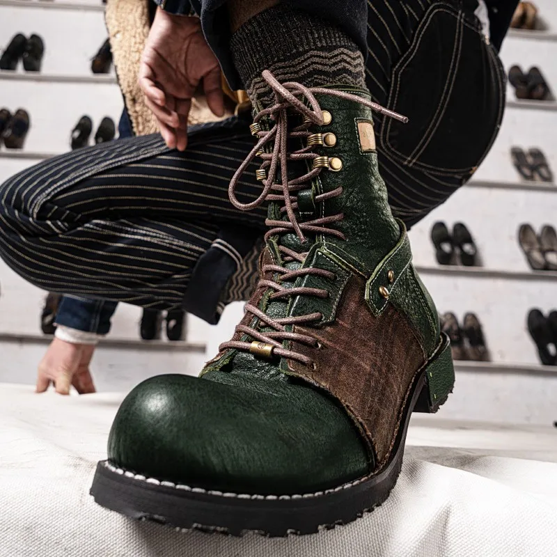 Vintage Mens Deep Green Plaid Lace Up Work Safety Boots Round Toe High Quality Horse Leather Ankle Boots Moto Biker Riding Shoes