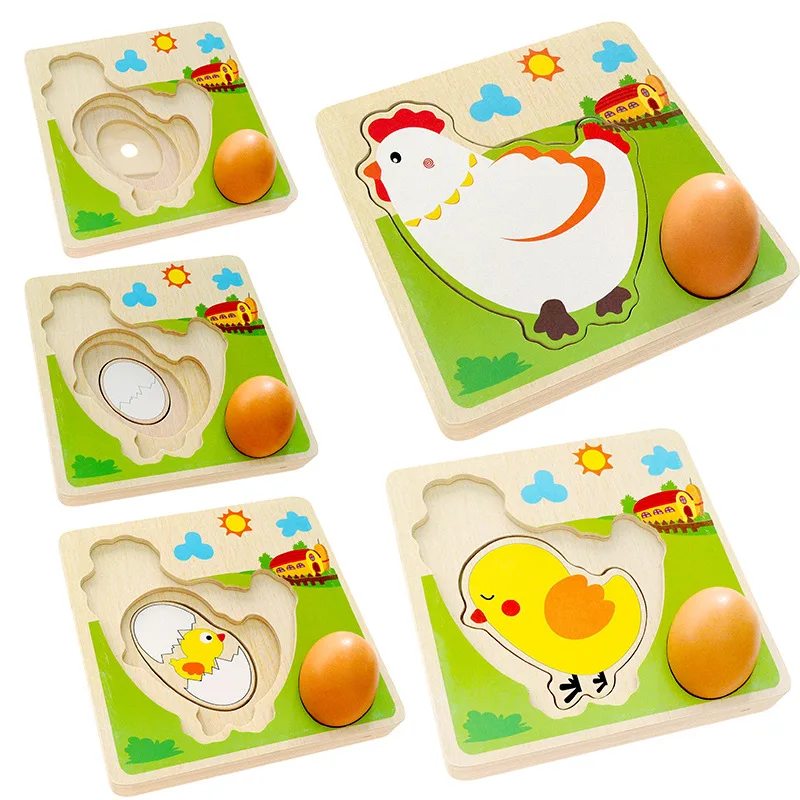3D Wooden Multi-layer Puzzle Hen Laying Eggs Chicken Growth Process Cartoon Jigsaw Early Educational Toys For Children Kids