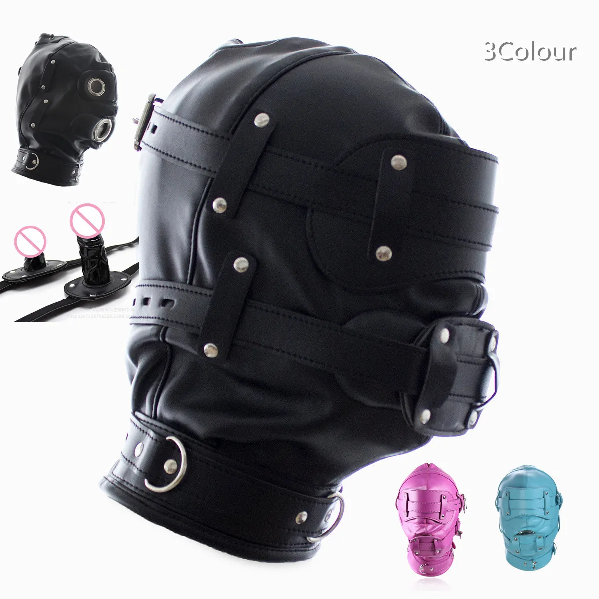 3 Colour Fetish Leather Total Lockdown Bondage Hood with Silicone Mouth Gag Dildo Openable Eye Mask for Slave Adult Game Sex Toy