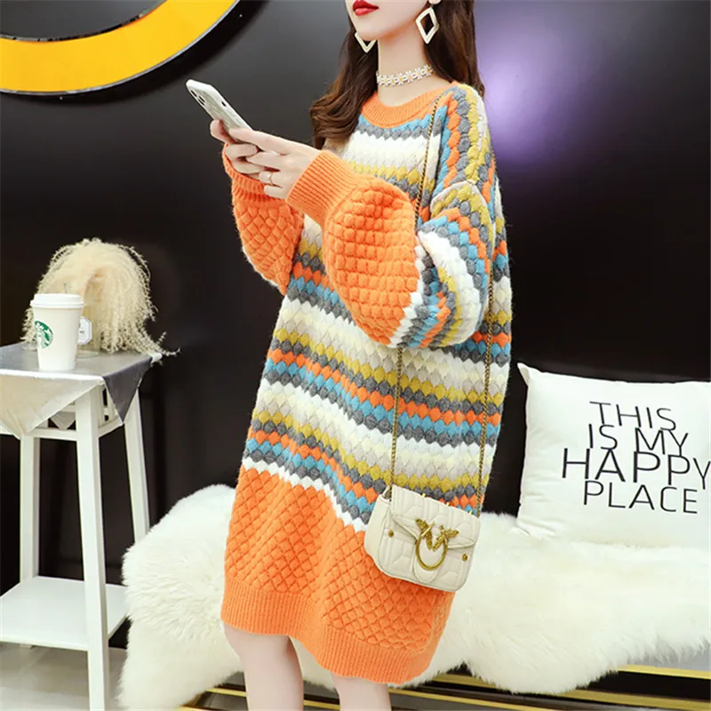 2024 Winter Thick Casual Loose Long Knitted Sweater Dress Women O-neck Lantern sleeve 3 Color Choose Striped Sweaters Female