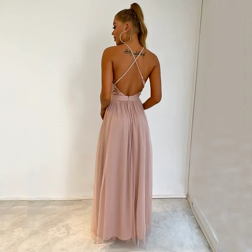 Imagen 2 del producto Sexy sin espalda resbalón lentejuelas corsé maxi vestido de verano mujeres malla largo bodycon rojo vestido de fiesta de Navidad vestidos de noche de dama de honor