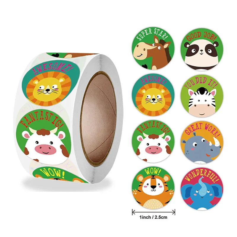 500PCS Reward Stickers Inspirational Stickers Rolls Cartoon Animal Stickers for Kids Teachers Rewarding Students for Schools