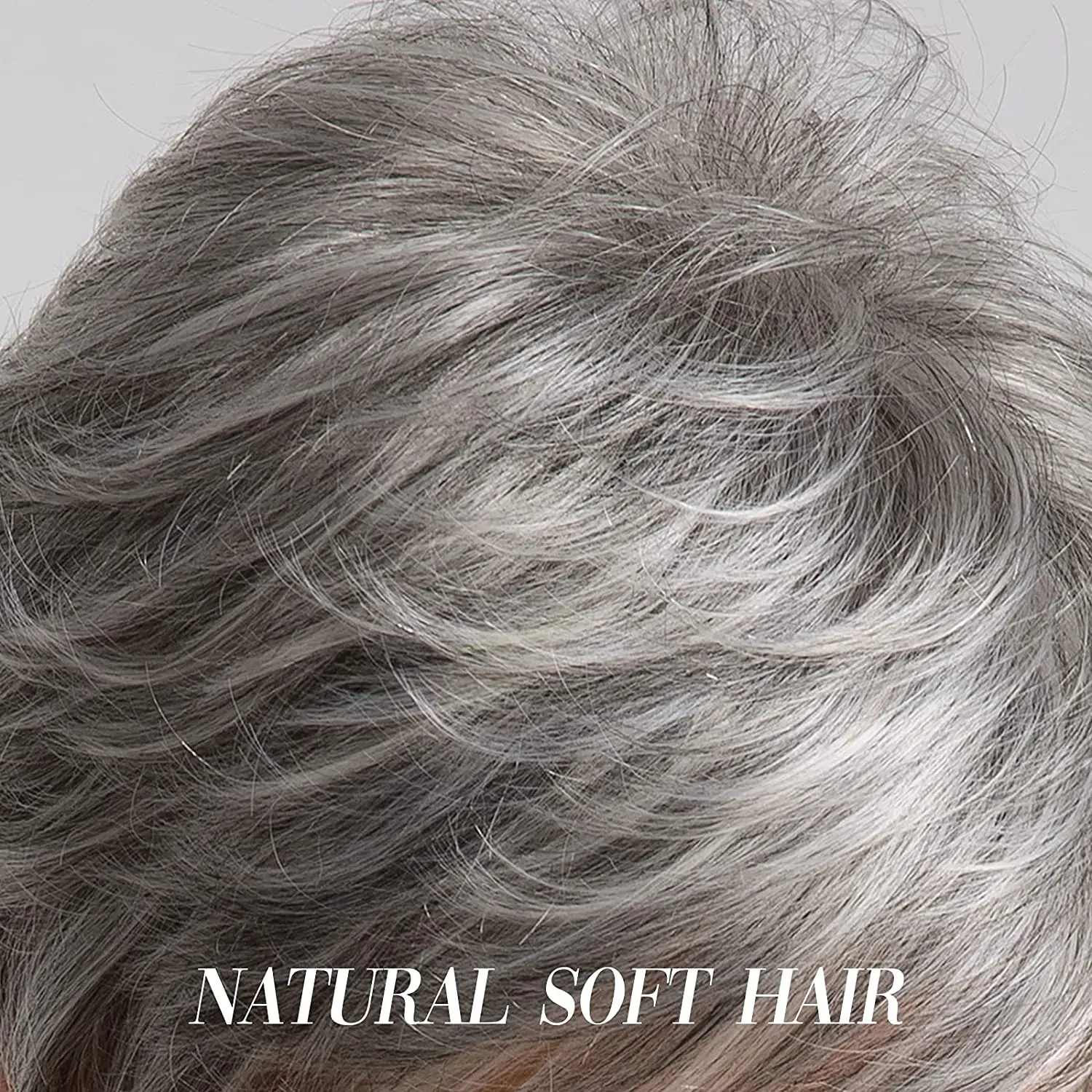 HAIRCUBE Gemischt Grau Silber Pixie Cut Perücken Kurze Geschwollene Geschichteten Menschenhaar Mischung Synthetische Perücke mit Pony Natürliche Wärme Beständig