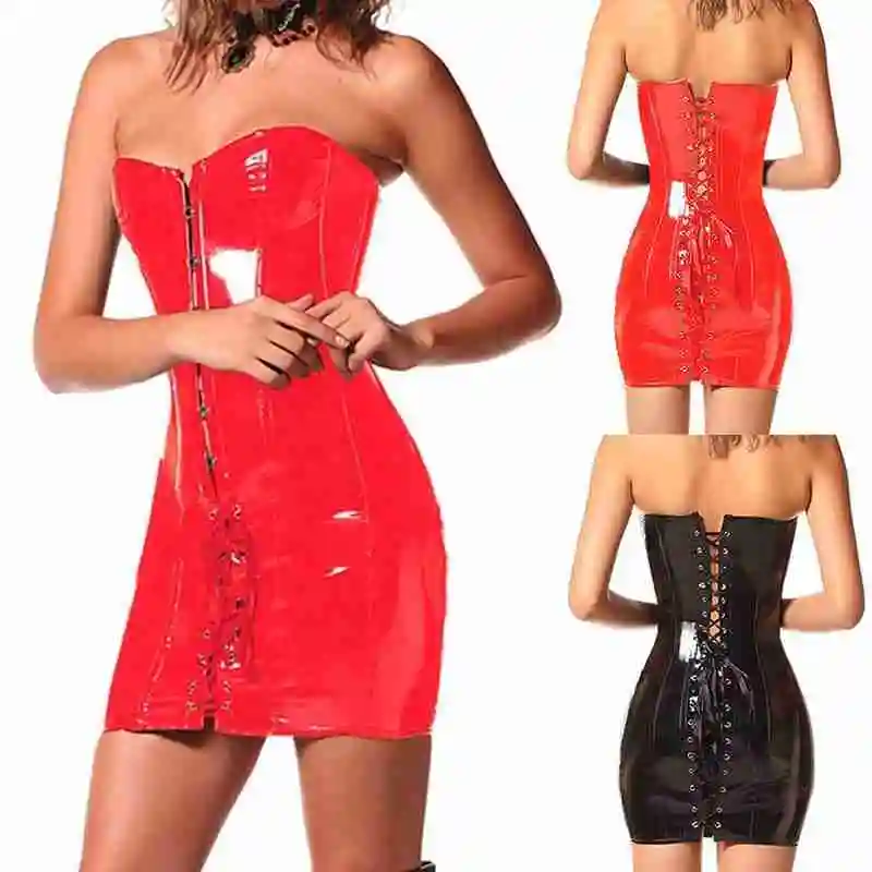 Gothic Nữ Gợi Cảm Wetlook Pvc Giả Da Áo Nịt Thon Dài Màu Đỏ Áo Ngực Đen Catsuits Overbust Dạng Đầm Cao Su Z0Z1