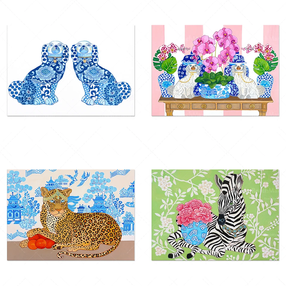 Art Print Preppy Zebra avec pot de gingembre et pivoine sur papier peint de style chinois, impression d'art léopard de style chi