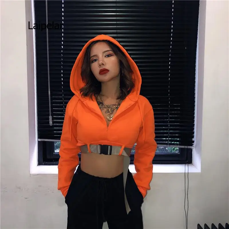 Winter Casual Neon Crop Sweatshirt with Belt Women Streetwear Hooded Short Sweatshirts Solid Chic Thick Loose Pullovers Cropped