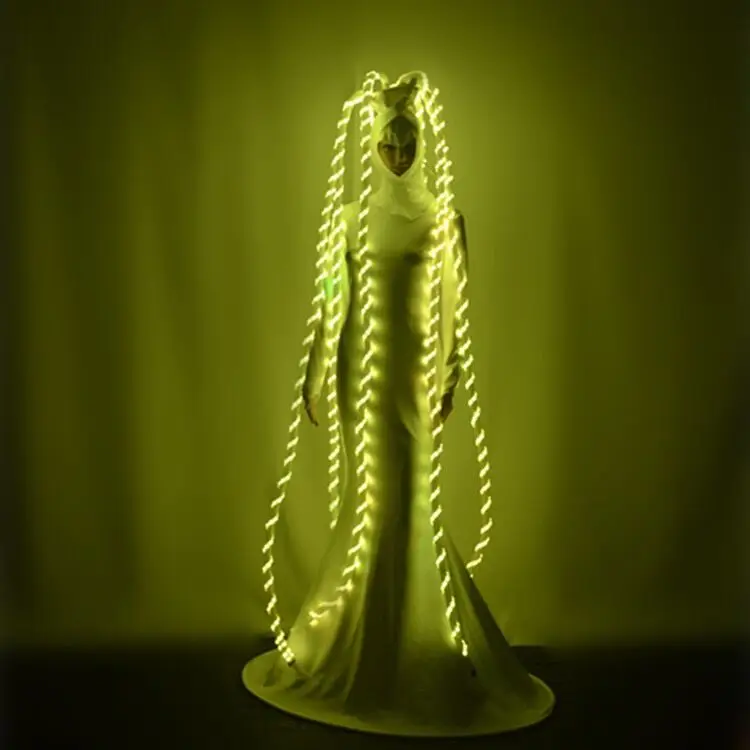 

Women Sexy Long Hair Led Costume Ladies Light Up Leotard Space Dance Dress Girls Disco Glowing Suit Cosplay White Skirt