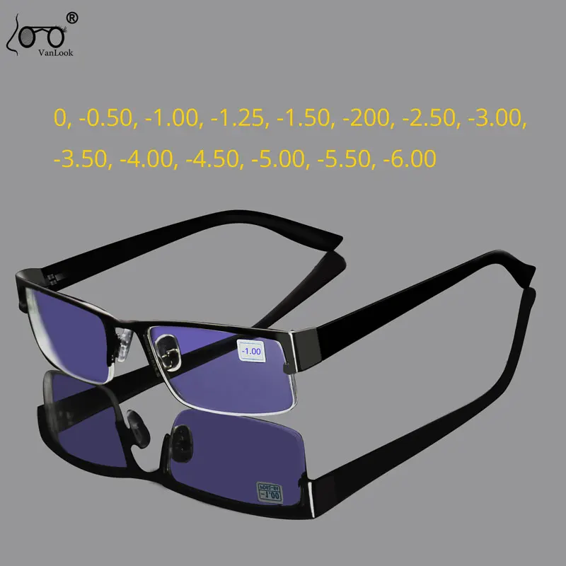 VANLOOK Myopia Glasses Mens Half Frame Metal Eyewear-0.50-1.00-1.25-1.50-2.00--2.50-3.00-3.50-4.00-4.50-5.00-5.50-6.00