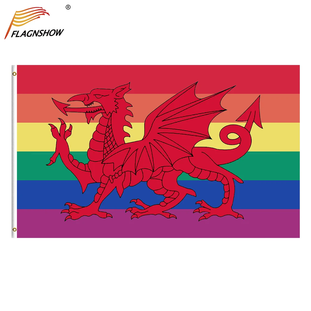 Flagnshow Rainbow Wales Flag 90 x 150cm Gay Things Welsh Red Dragon Pride LGBT Accessories Flags