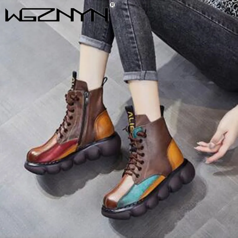 Motorcycle Women\'s Boots Autumn Winter Soft Leather Retro Shoes Black Botas Wedges Female Lace Up Platforms Women Botas Mujer