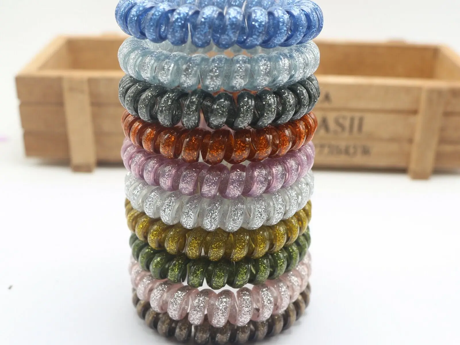 10 Glitter Colour Spiral Coil Elastic Hair Ties Scrunchies Telephone Cord 55mm