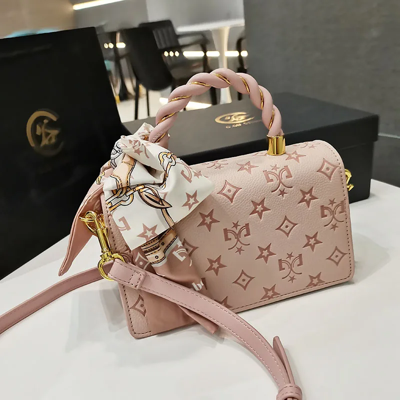 Embossed Sweet Small Square Bag With Silk Scarf Hard Handheld Soft Hand Feeling Handbag First-Hand Source Of Own Trademark Brand