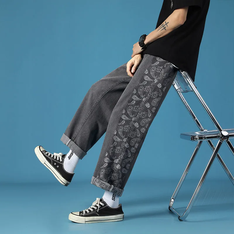 ICCLEK Cashew Flower Jeans Men's Fall Loose Casual Pants Retro Straight Pants Black Jeans Men  Painted Jeans