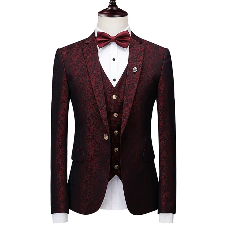 (Blazer + Pants + Vest) Suit 3-piece British Style Slim High-end Design Print Banquet Dress Wine Red Luxury Groom Wedding Dress