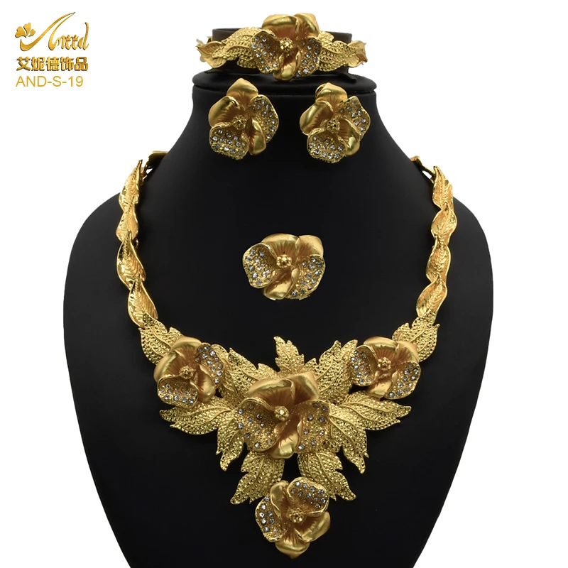 ANIID African Jewelery Sets Flower Earrings Choker Necklace Bracelet Hawaiian Indian Dubai Golden Jewelry For Women Accessories