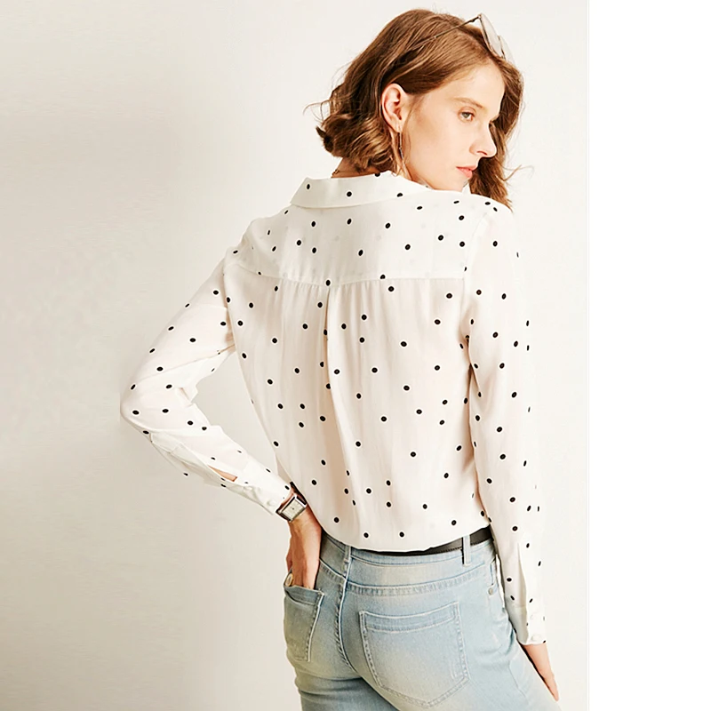 100% Hohe Qualität Seide Bluse Frauen Hemd Elegante Einfache Design Langen Ärmeln Polka dot V-ausschnitt Anmutigen Stil Neue Mode