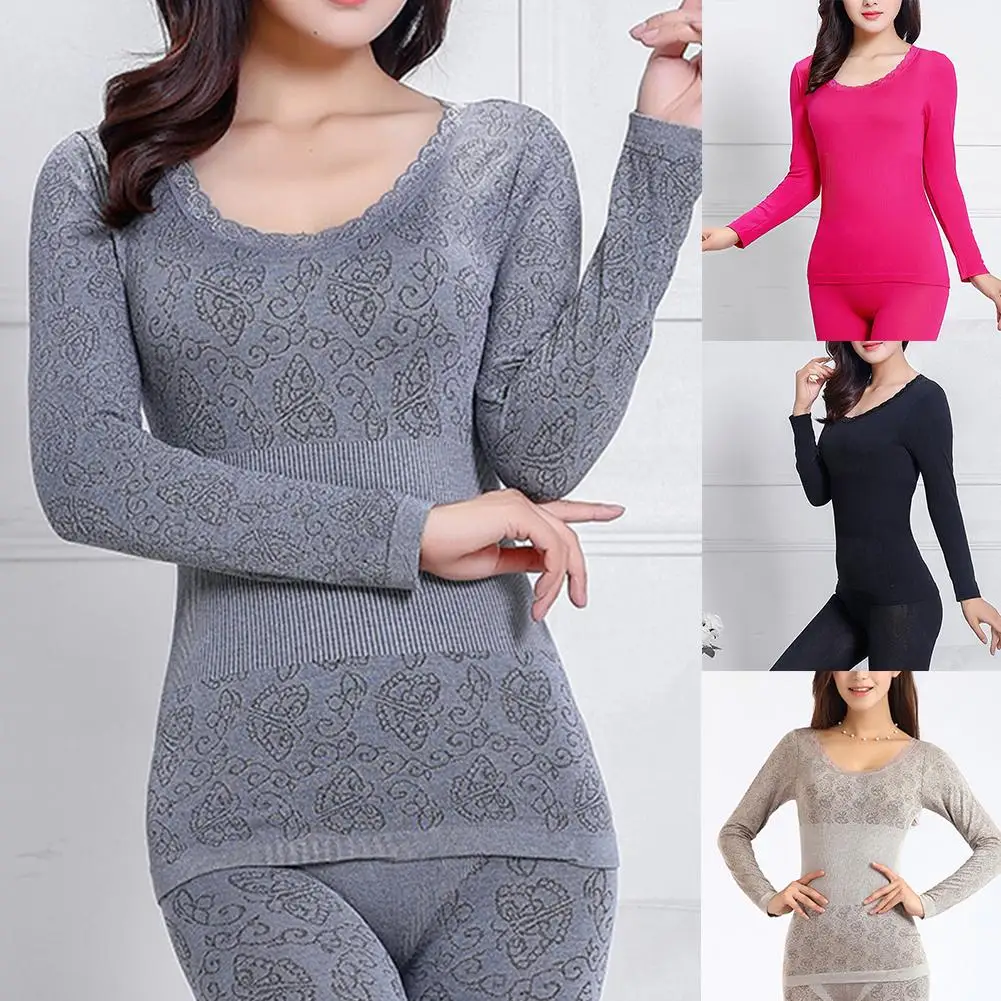 Lace Thermal Underwear Sexy Ladies Clothes Warm Winter Print Seamless Antibacterial Intimates 2020 Elastic Women Shaped Sets