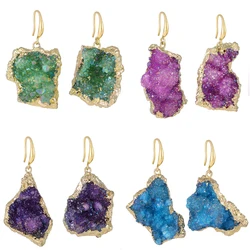 Irregular Natural Druzy Quartz Stone Rainbow Crystal Jewelry Dangle Drop Earrings for Women Girls