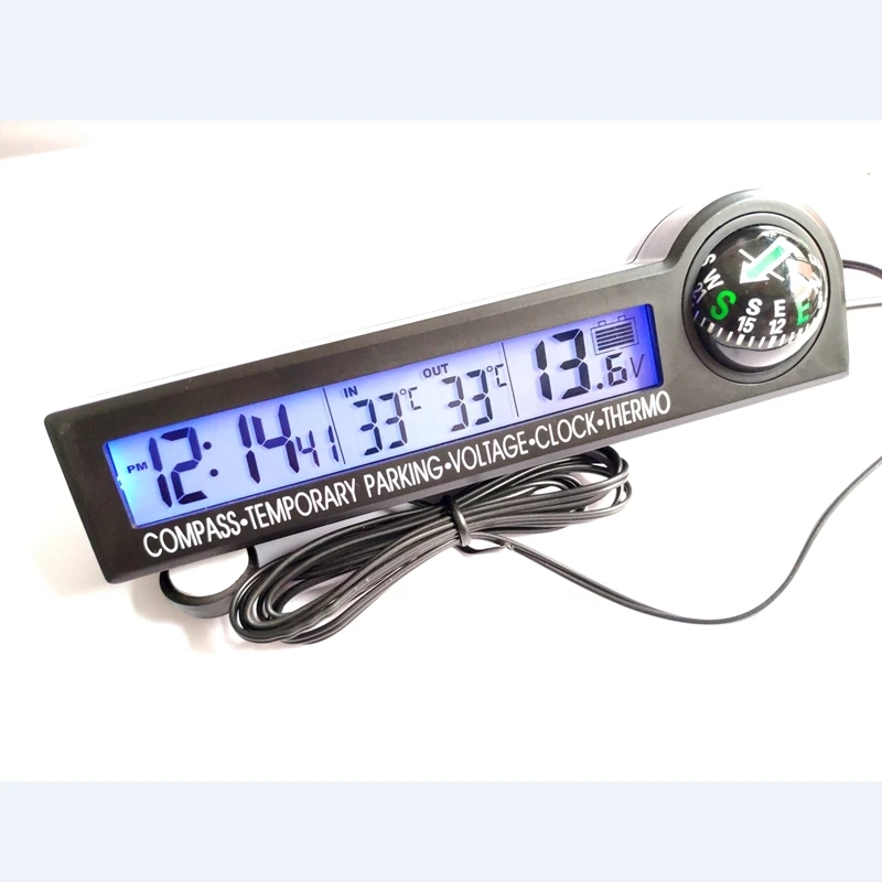 Car Automobile Digital Campass Clock Thermometer 12V Voltage Meter Icing Alarm LCD Backlight Temporary Parking Decoration