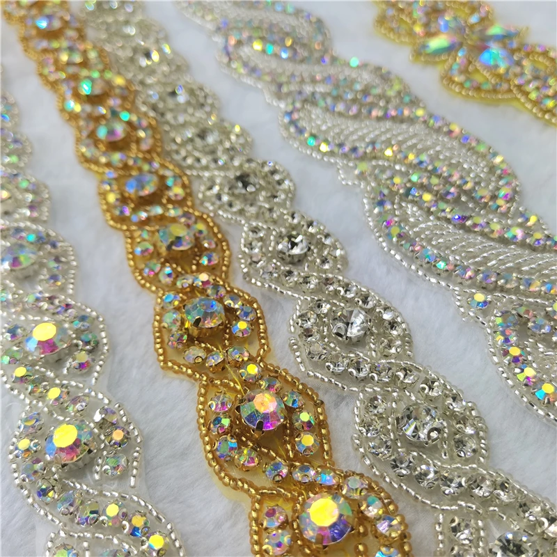 1 stoczni dżetów kryształ aplikacja na sukienkę srebrne wykończenie z koralikami do sukni ślubnej rhinestone koronki i żelazko na szyć na aplikacja diy