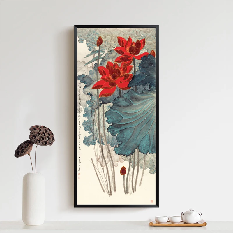 

EECAMAIL DIY Diamond Painting Full Diamond Lotus Diamond Embroidery Chinese Vertical Version Porch Wall painting No Frame