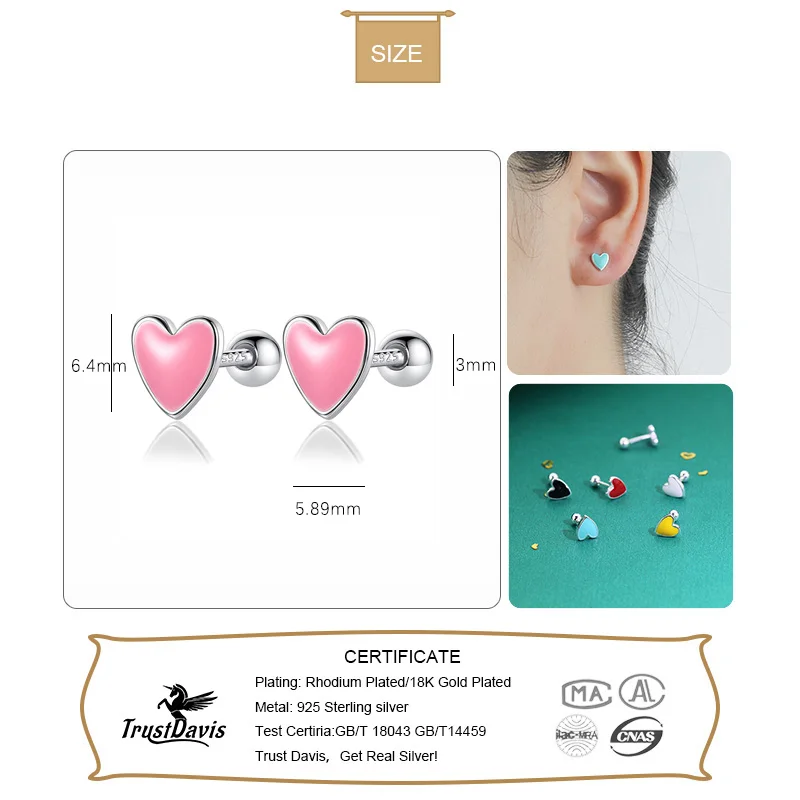 TrustDavis Real 925 Sterling Silver Fashion Colour Glaze Heart Screw Stud Earrings For Women Wedding Party Fine Jewelry DA3011