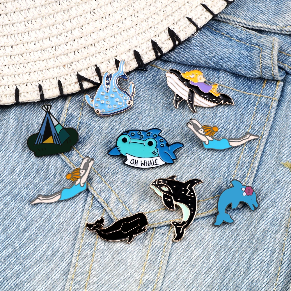 Funny Marine Animals Brooches Cartoon Swimmers Ocean Whale Shark Dolphin Pins Badge Metal Buckle Pin Jewelry Gift For Kids Women