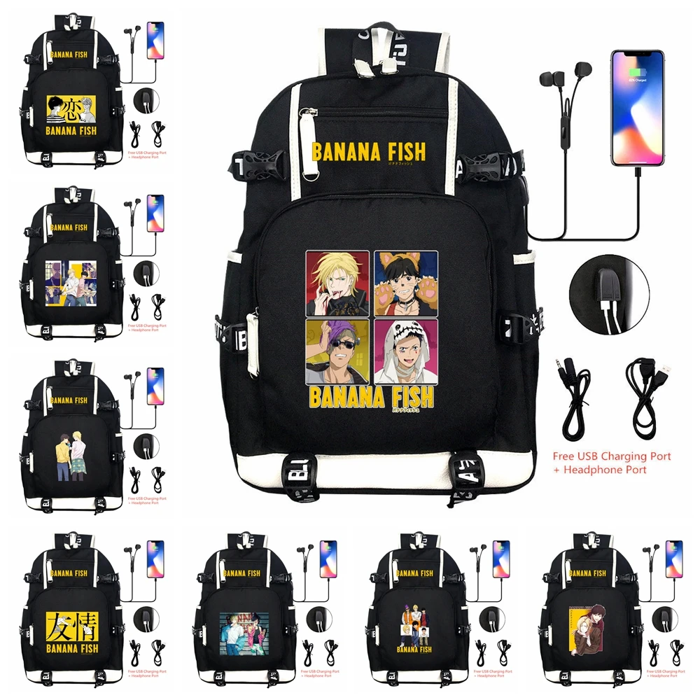 Anime Banana Fish USB Backpack School Bag Kids Teens Travel Shoulder Laptop Bags Black Student Schoolbag Book Bags Gift