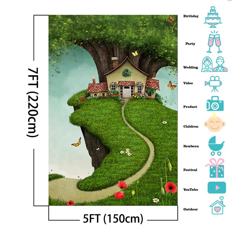 妖精ツリーハウスの背景緑の芝生花蝶子供の誕生日の写真撮影の背景新生児ベビーキッズ写真の背景