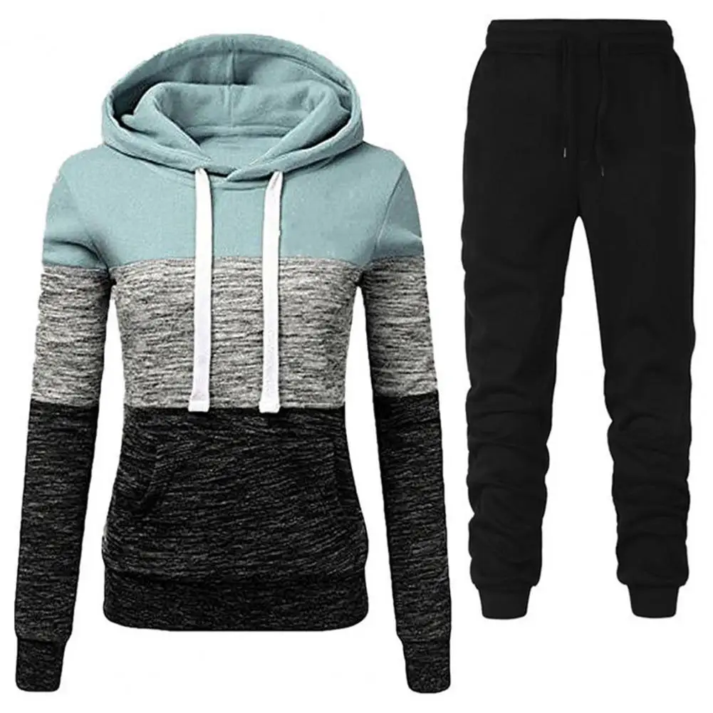 1 Set Hoodie Pants Set Women Two Piece Set Color Block Large Pocket Autumn Winter Tracksuit Contrast Color Running Sets Jogger